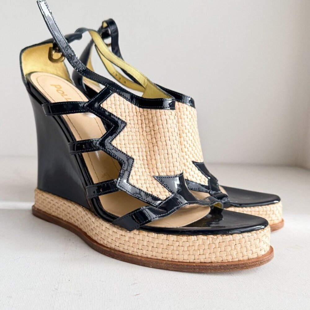 Pollini Raffia Patent Leather Navy Blue Wedge Summer Heels 40